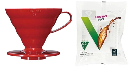 Plastikowy Drip Hario V60-02 - Czerwony + Filtry papierowe do dripa Hario V60-02 100szt